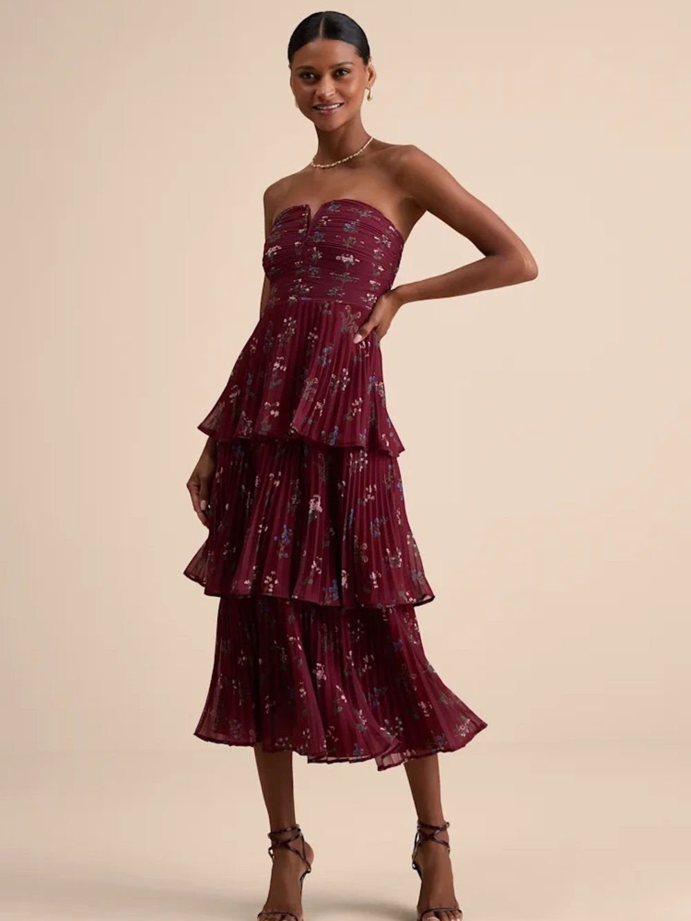Lulu's Burgundy Strapless Tiered Floral Midi Dress